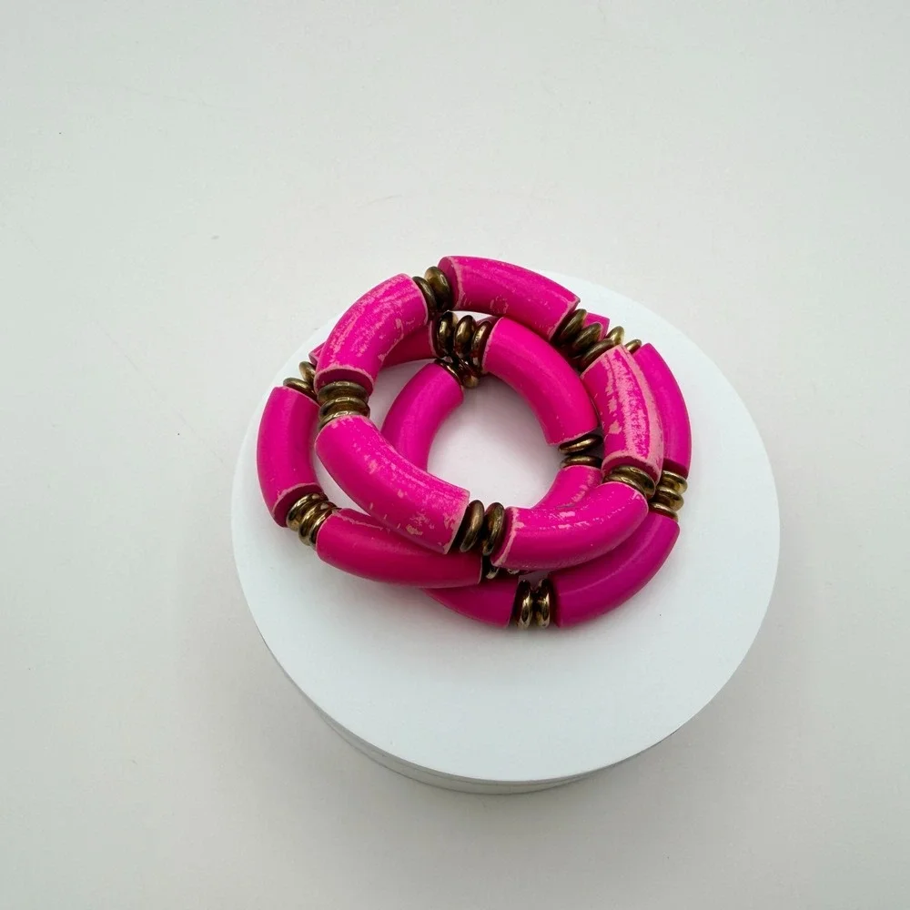 Vintage 90s Hot Pink Tube Beaded‎ Stretch Bracelet Set 3pc Gold Tone Jewelry